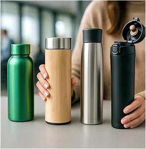 Various metal and bamboo thermos bottles on a desk.