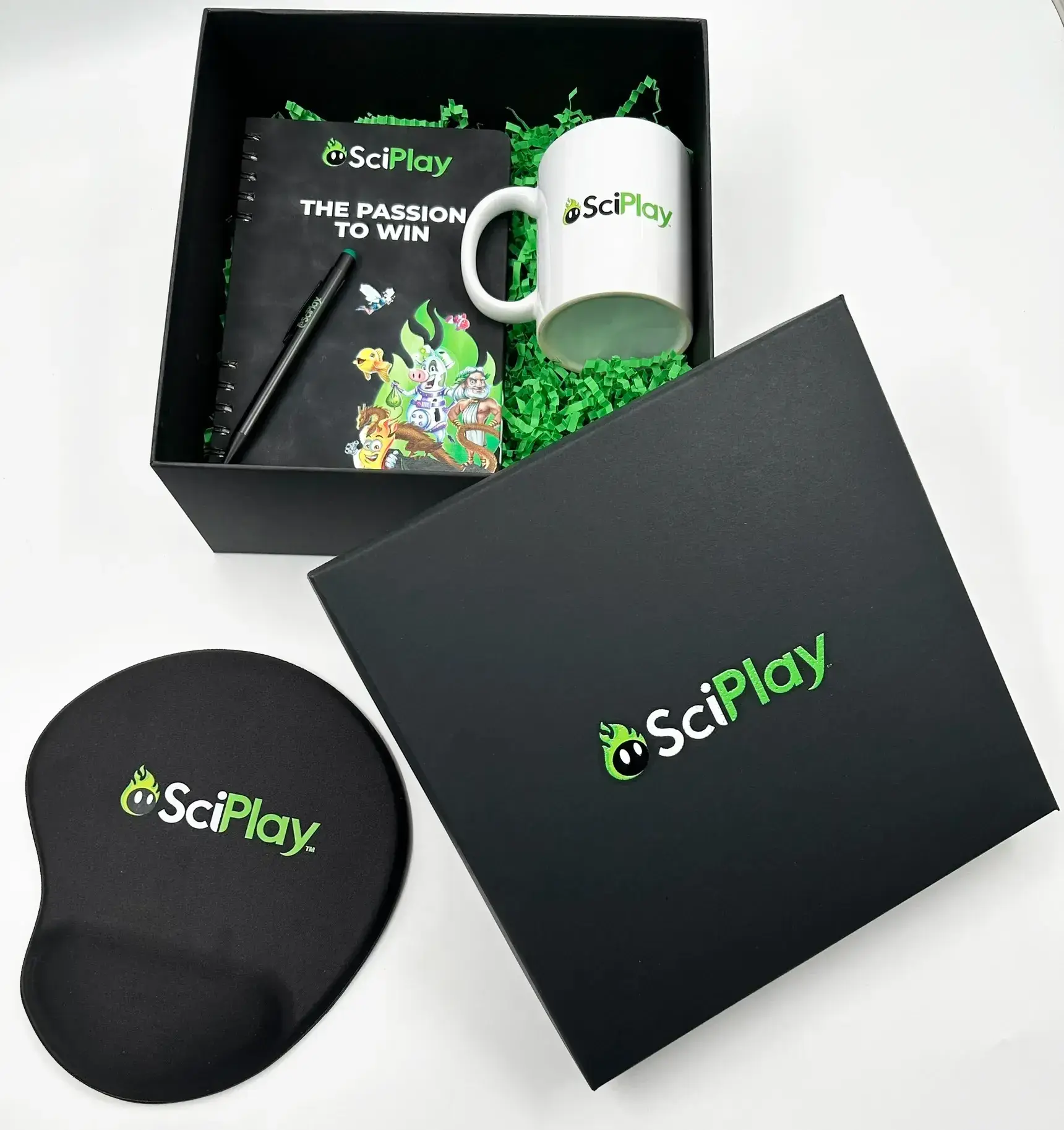 A wall display of textile items like hats and bags.