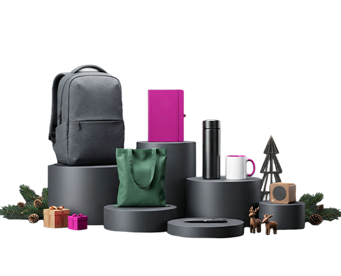 Selection of promotional products including headphones, water bottle, and notebook